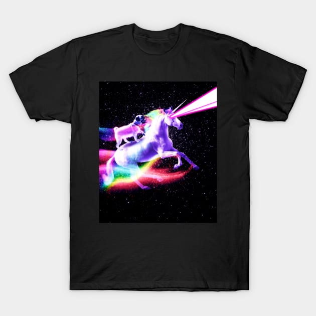 Space Pug On Flying Rainbow Unicorn With Laser Eyes T-Shirt by Random Galaxy